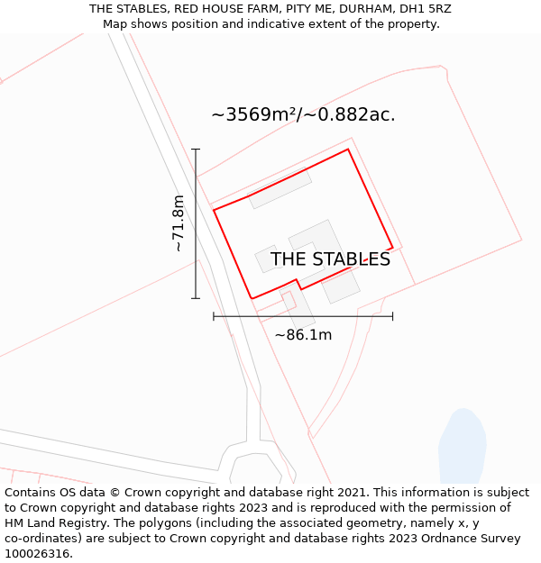 THE STABLES, RED HOUSE FARM, PITY ME, DURHAM, DH1 5RZ: Plot and title map
