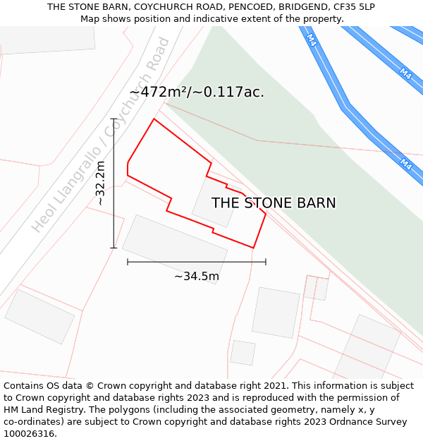 THE STONE BARN, COYCHURCH ROAD, PENCOED, BRIDGEND, CF35 5LP: Plot and title map