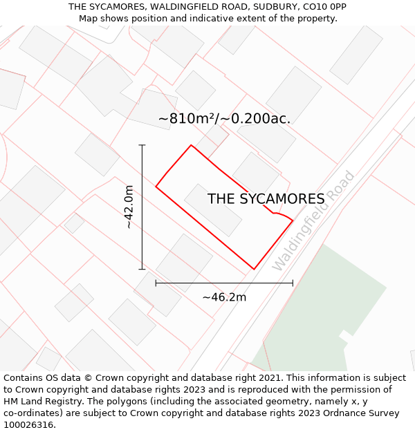 THE SYCAMORES, WALDINGFIELD ROAD, SUDBURY, CO10 0PP: Plot and title map