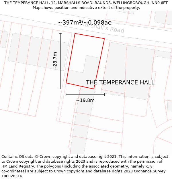 THE TEMPERANCE HALL, 12, MARSHALLS ROAD, RAUNDS, WELLINGBOROUGH, NN9 6ET: Plot and title map