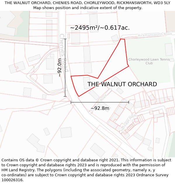 THE WALNUT ORCHARD, CHENIES ROAD, CHORLEYWOOD, RICKMANSWORTH, WD3 5LY: Plot and title map