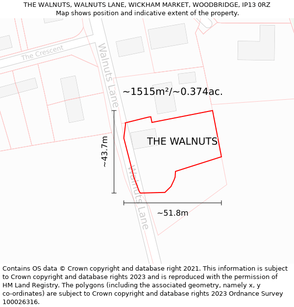 THE WALNUTS, WALNUTS LANE, WICKHAM MARKET, WOODBRIDGE, IP13 0RZ: Plot and title map
