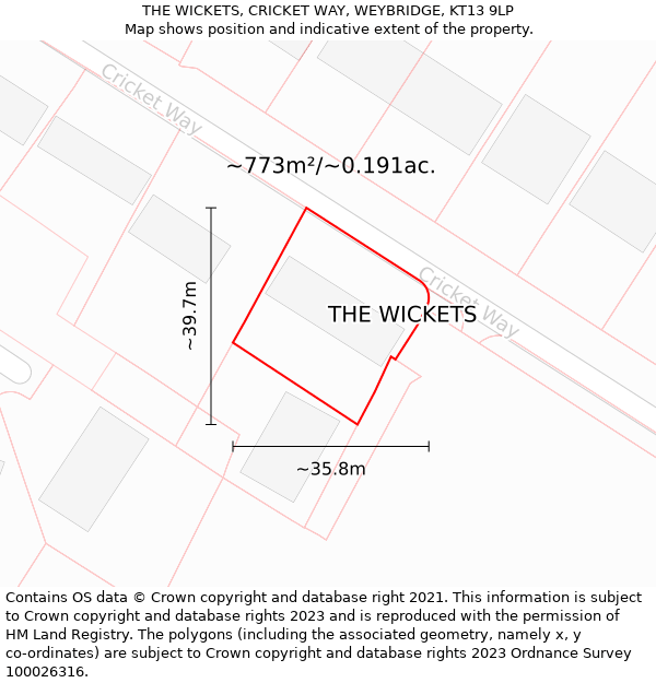 THE WICKETS, CRICKET WAY, WEYBRIDGE, KT13 9LP: Plot and title map