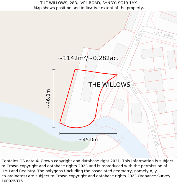 THE WILLOWS, 28B, IVEL ROAD, SANDY, SG19 1AX: Plot and title map