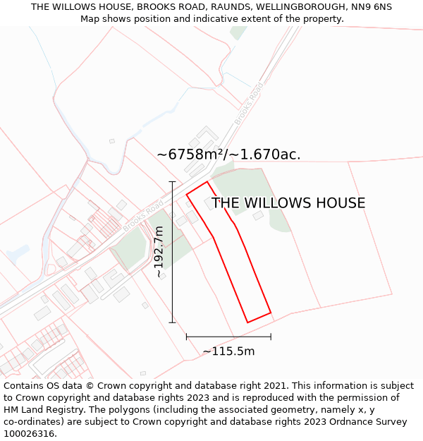 THE WILLOWS HOUSE, BROOKS ROAD, RAUNDS, WELLINGBOROUGH, NN9 6NS: Plot and title map