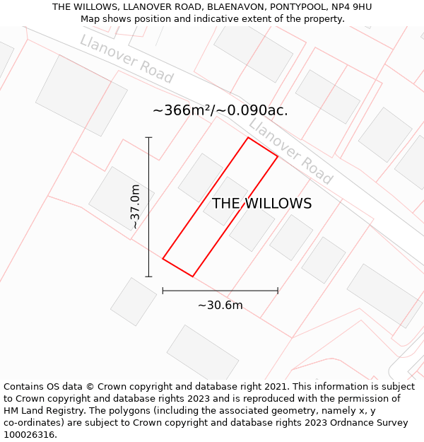 THE WILLOWS, LLANOVER ROAD, BLAENAVON, PONTYPOOL, NP4 9HU: Plot and title map