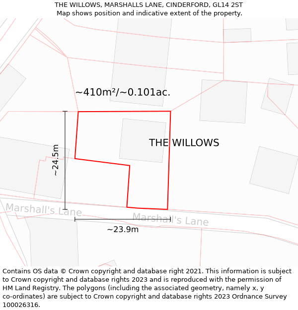 THE WILLOWS, MARSHALLS LANE, CINDERFORD, GL14 2ST: Plot and title map