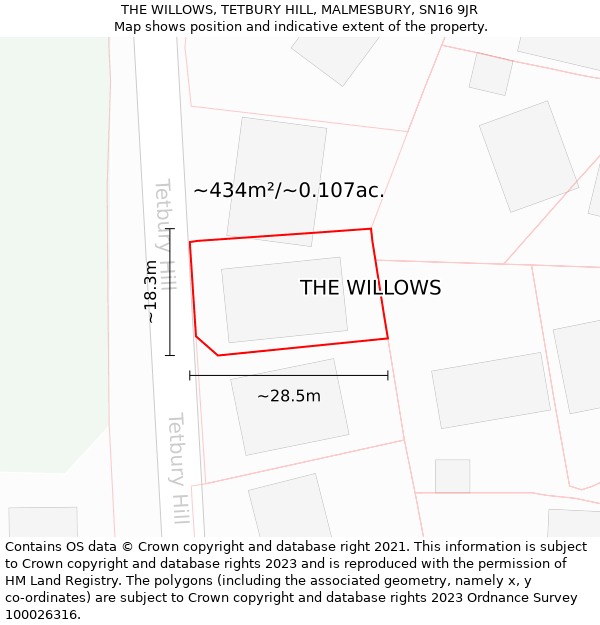 THE WILLOWS, TETBURY HILL, MALMESBURY, SN16 9JR: Plot and title map