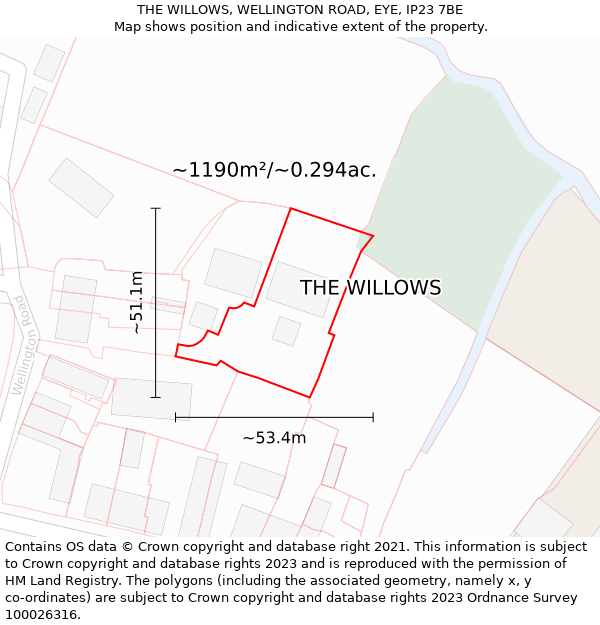 THE WILLOWS, WELLINGTON ROAD, EYE, IP23 7BE: Plot and title map