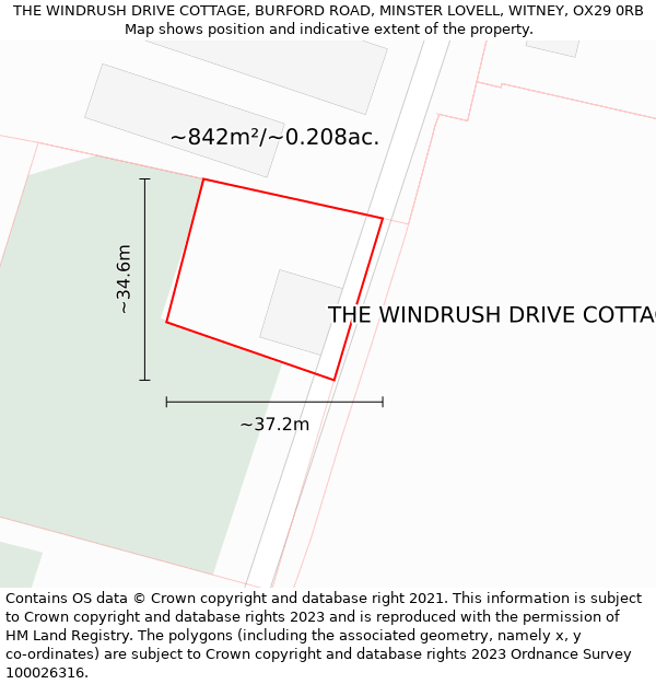 THE WINDRUSH DRIVE COTTAGE, BURFORD ROAD, MINSTER LOVELL, WITNEY, OX29 0RB: Plot and title map