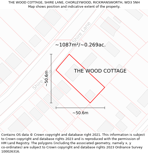 THE WOOD COTTAGE, SHIRE LANE, CHORLEYWOOD, RICKMANSWORTH, WD3 5NH: Plot and title map