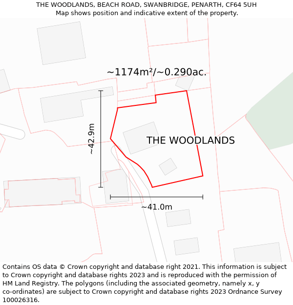THE WOODLANDS, BEACH ROAD, SWANBRIDGE, PENARTH, CF64 5UH: Plot and title map