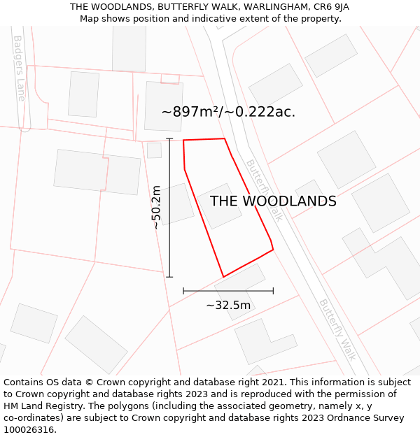 THE WOODLANDS, BUTTERFLY WALK, WARLINGHAM, CR6 9JA: Plot and title map