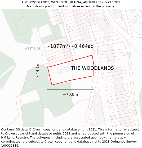 THE WOODLANDS, WEST SIDE, BLAINA, ABERTILLERY, NP13 3BT: Plot and title map