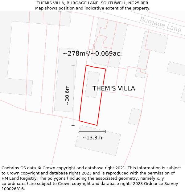 THEMIS VILLA, BURGAGE LANE, SOUTHWELL, NG25 0ER: Plot and title map