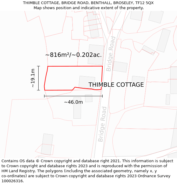 THIMBLE COTTAGE, BRIDGE ROAD, BENTHALL, BROSELEY, TF12 5QX: Plot and title map