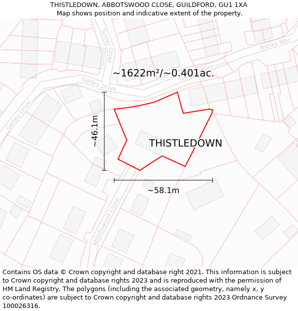 THISTLEDOWN, ABBOTSWOOD CLOSE, GUILDFORD, GU1 1XA: Plot and title map