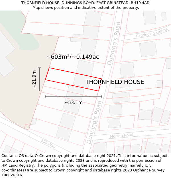 THORNFIELD HOUSE, DUNNINGS ROAD, EAST GRINSTEAD, RH19 4AD: Plot and title map