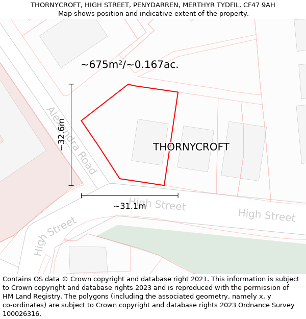 THORNYCROFT, HIGH STREET, PENYDARREN, MERTHYR TYDFIL, CF47 9AH: Plot and title map