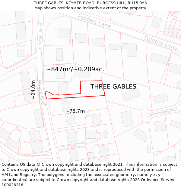 THREE GABLES, KEYMER ROAD, BURGESS HILL, RH15 0AN: Plot and title map