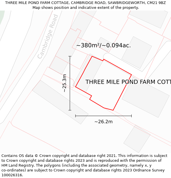 THREE MILE POND FARM COTTAGE, CAMBRIDGE ROAD, SAWBRIDGEWORTH, CM21 9BZ: Plot and title map