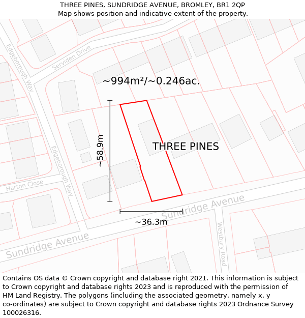 THREE PINES, SUNDRIDGE AVENUE, BROMLEY, BR1 2QP: Plot and title map
