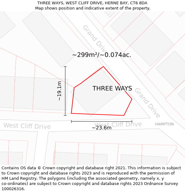 THREE WAYS, WEST CLIFF DRIVE, HERNE BAY, CT6 8DA: Plot and title map