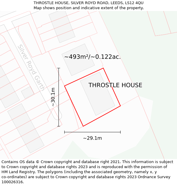 THROSTLE HOUSE, SILVER ROYD ROAD, LEEDS, LS12 4QU: Plot and title map