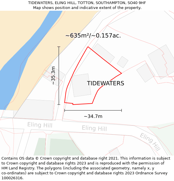 TIDEWATERS, ELING HILL, TOTTON, SOUTHAMPTON, SO40 9HF: Plot and title map