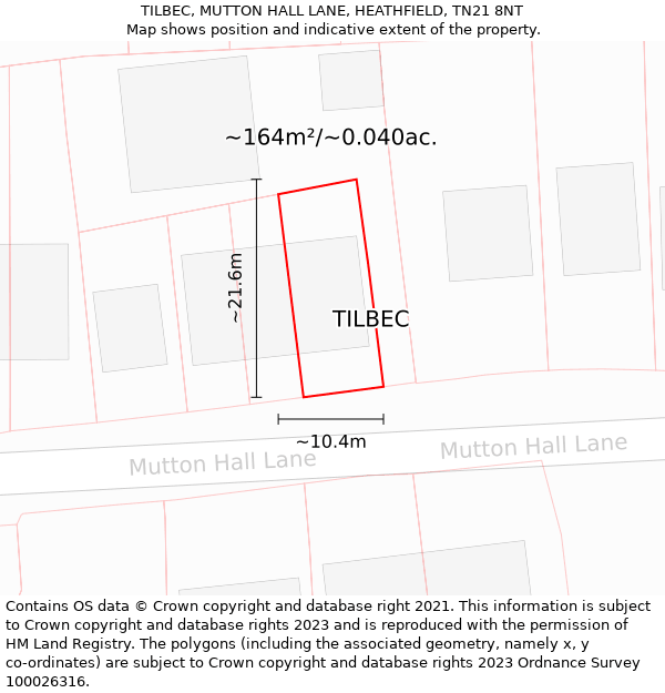 TILBEC, MUTTON HALL LANE, HEATHFIELD, TN21 8NT: Plot and title map