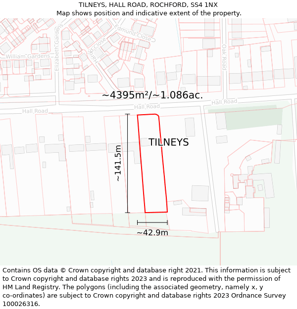 TILNEYS, HALL ROAD, ROCHFORD, SS4 1NX: Plot and title map