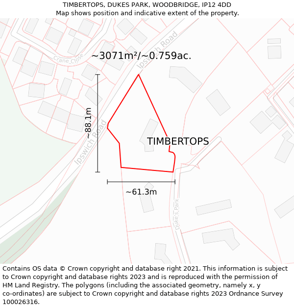 TIMBERTOPS, DUKES PARK, WOODBRIDGE, IP12 4DD: Plot and title map