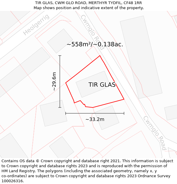 TIR GLAS, CWM GLO ROAD, MERTHYR TYDFIL, CF48 1RR: Plot and title map