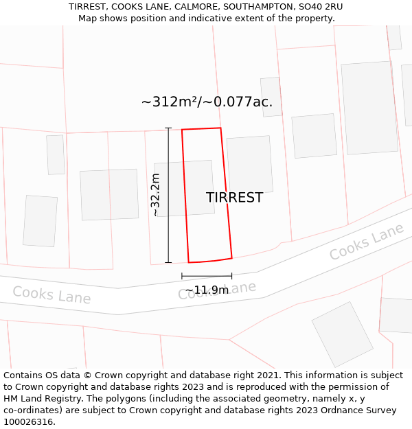 TIRREST, COOKS LANE, CALMORE, SOUTHAMPTON, SO40 2RU: Plot and title map