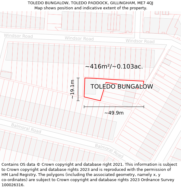 TOLEDO BUNGALOW, TOLEDO PADDOCK, GILLINGHAM, ME7 4QJ: Plot and title map