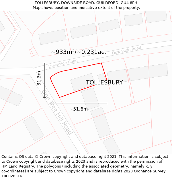 TOLLESBURY, DOWNSIDE ROAD, GUILDFORD, GU4 8PH: Plot and title map