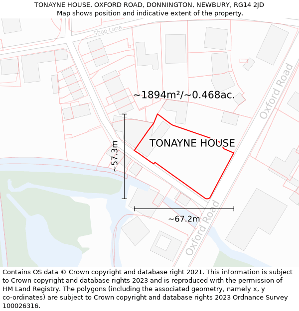 TONAYNE HOUSE, OXFORD ROAD, DONNINGTON, NEWBURY, RG14 2JD: Plot and title map