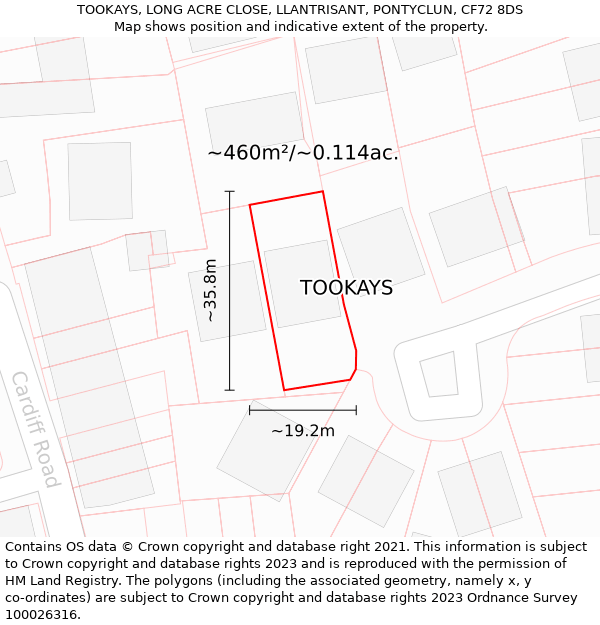 TOOKAYS, LONG ACRE CLOSE, LLANTRISANT, PONTYCLUN, CF72 8DS: Plot and title map