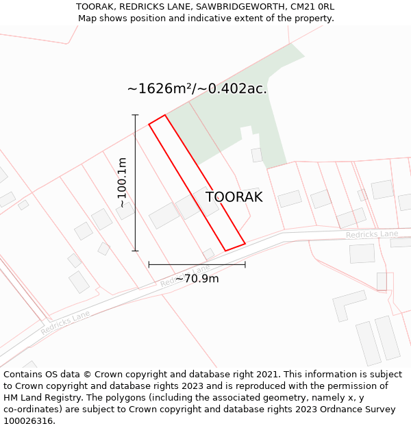 TOORAK, REDRICKS LANE, SAWBRIDGEWORTH, CM21 0RL: Plot and title map