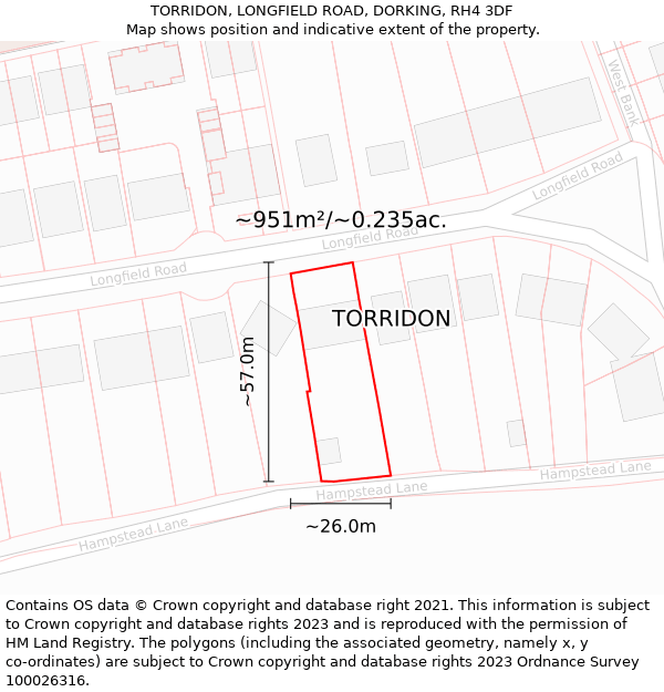 TORRIDON, LONGFIELD ROAD, DORKING, RH4 3DF: Plot and title map