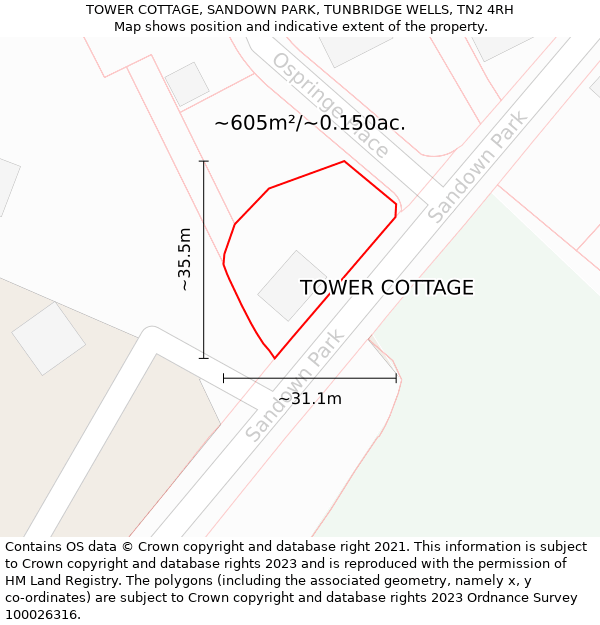 TOWER COTTAGE, SANDOWN PARK, TUNBRIDGE WELLS, TN2 4RH: Plot and title map