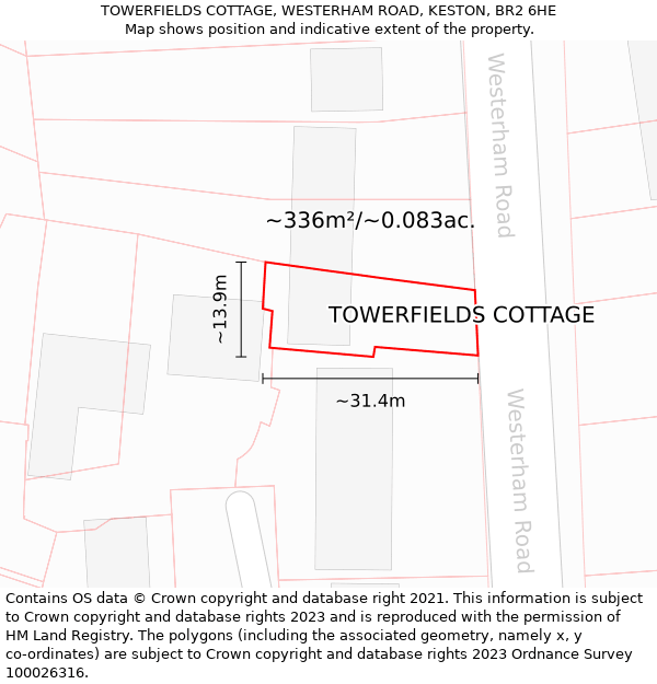 TOWERFIELDS COTTAGE, WESTERHAM ROAD, KESTON, BR2 6HE: Plot and title map