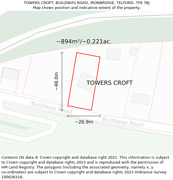 TOWERS CROFT, BUILDWAS ROAD, IRONBRIDGE, TELFORD, TF8 7BJ: Plot and title map