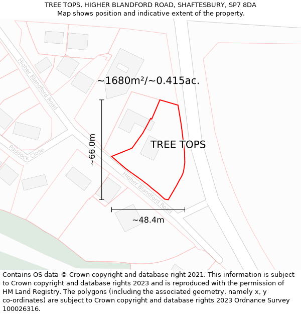 TREE TOPS, HIGHER BLANDFORD ROAD, SHAFTESBURY, SP7 8DA: Plot and title map
