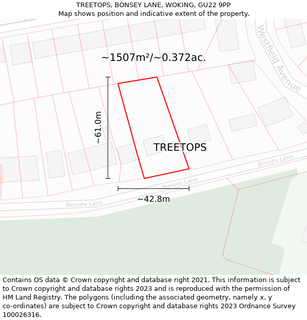 TREETOPS, BONSEY LANE, WOKING, GU22 9PP: Plot and title map