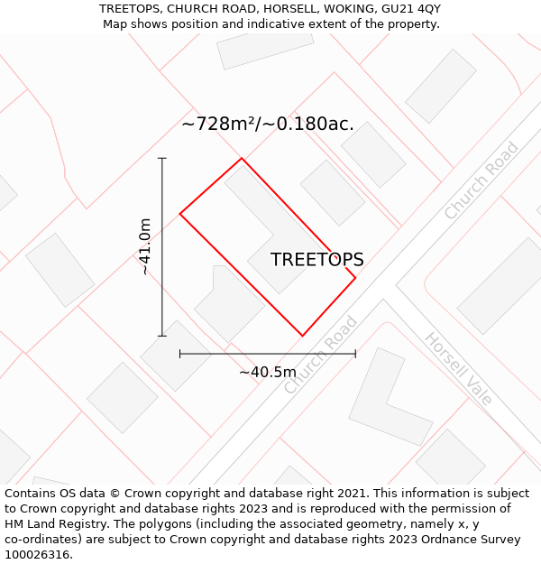 TREETOPS, CHURCH ROAD, HORSELL, WOKING, GU21 4QY: Plot and title map