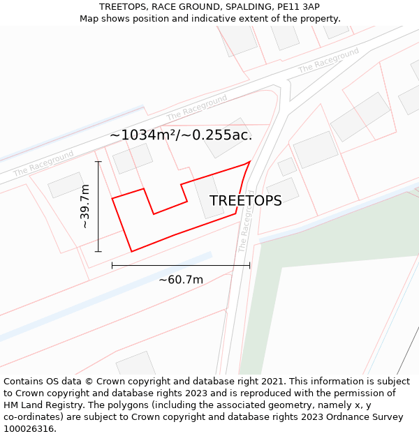 TREETOPS, RACE GROUND, SPALDING, PE11 3AP: Plot and title map