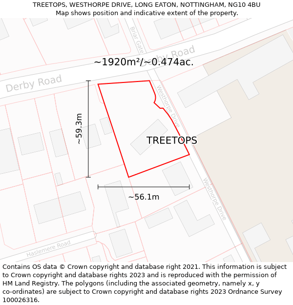 TREETOPS, WESTHORPE DRIVE, LONG EATON, NOTTINGHAM, NG10 4BU: Plot and title map