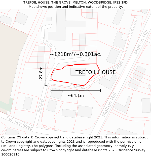 TREFOIL HOUSE, THE GROVE, MELTON, WOODBRIDGE, IP12 1FD: Plot and title map