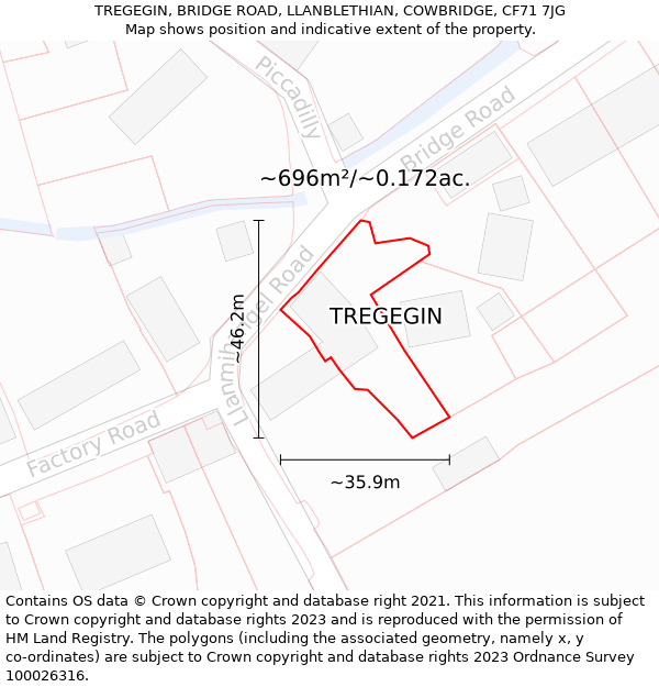 TREGEGIN, BRIDGE ROAD, LLANBLETHIAN, COWBRIDGE, CF71 7JG: Plot and title map
